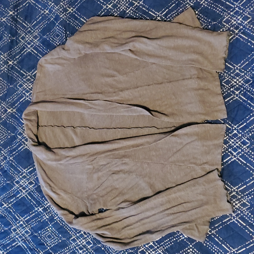 Taupe Gray Shawl Collar Style Lightweight Linen Lettuce Hem Cardigan